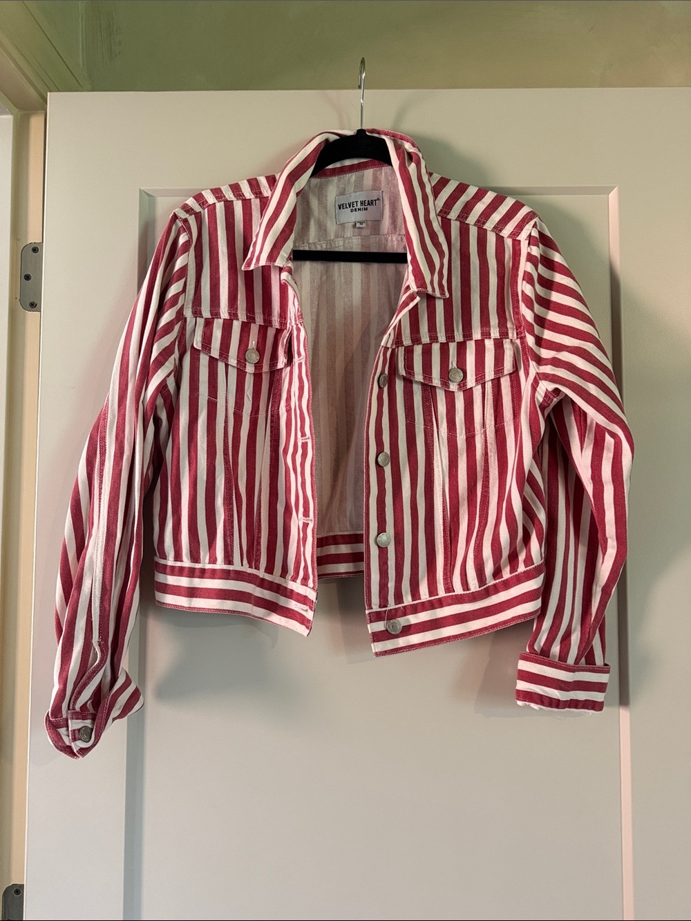 Velvet Heart Red & White Striped Cropped Denim Jacket